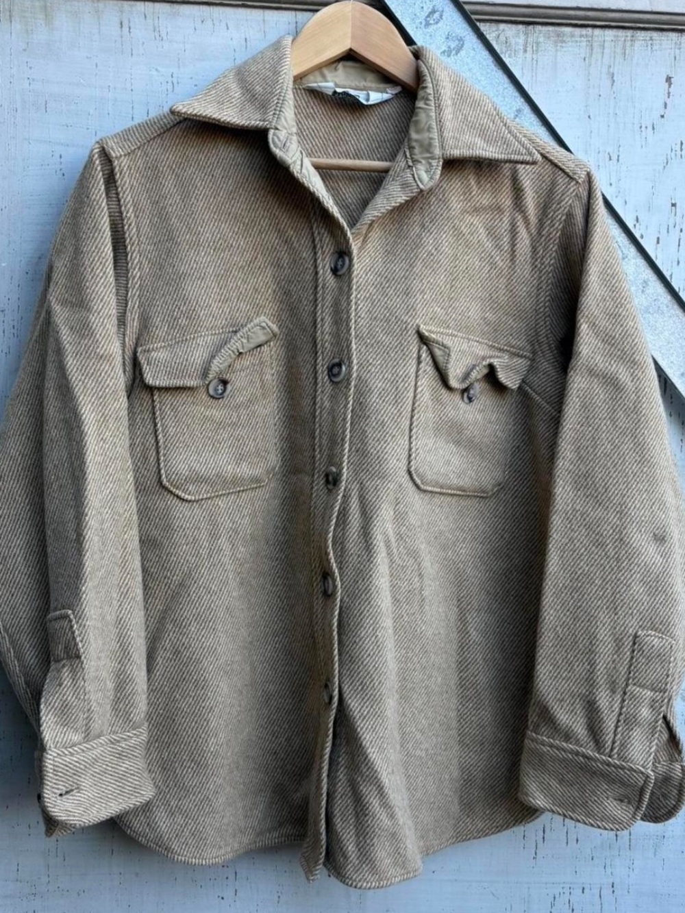 Vintage 70s Woolrich Beige Button Up Flannel Field Work Shirt Size M